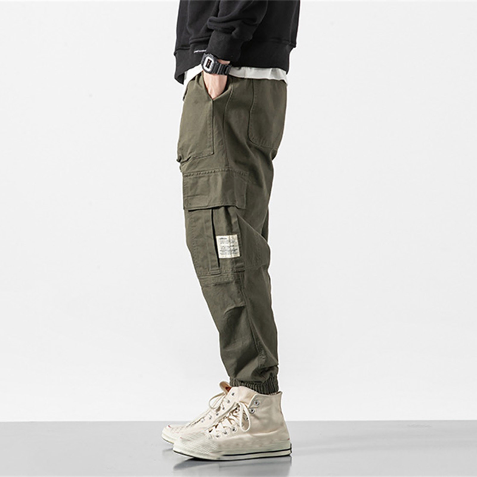 thumbnail image 5 of Pantalones cargo de algodón para hombre - Cintura elástica con cordón - Pantalones deportivos informales, tallas M-XXXL, 5 of 8